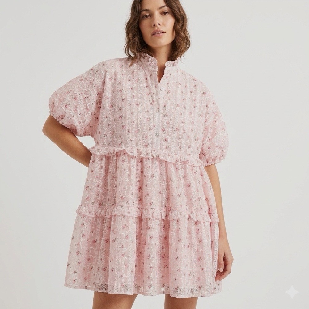 Storia Tiered Babydoll Mini Dress Size Small Pink Floral Puff Sleeve Cottagecore